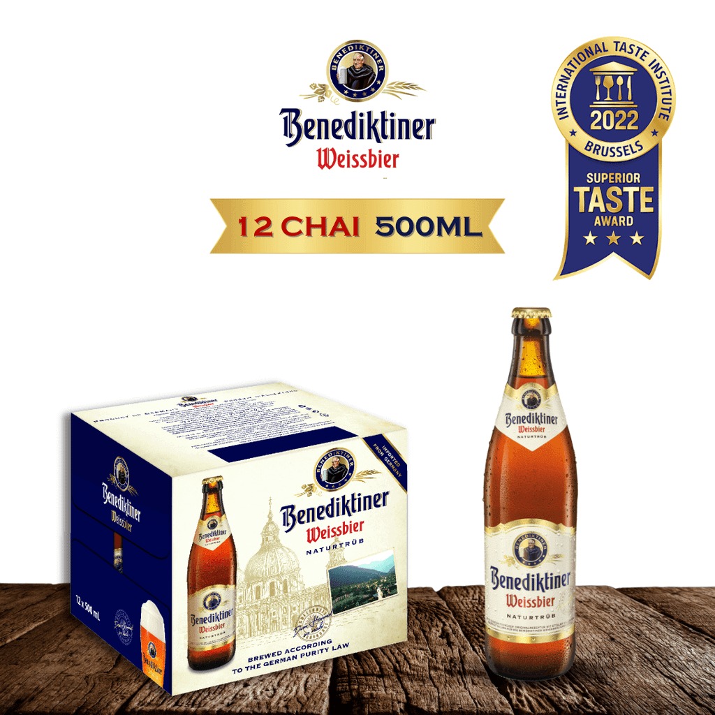 Thùng 12 chai 500ml Benediktiner Weissbier Naturtrüb - bia Đức nhập khẩu chính hãng